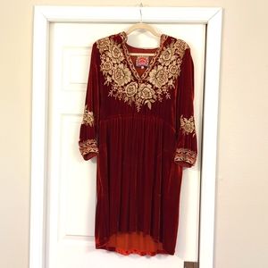 Johnny Was Red Velvet Dress with Embroidery Size M